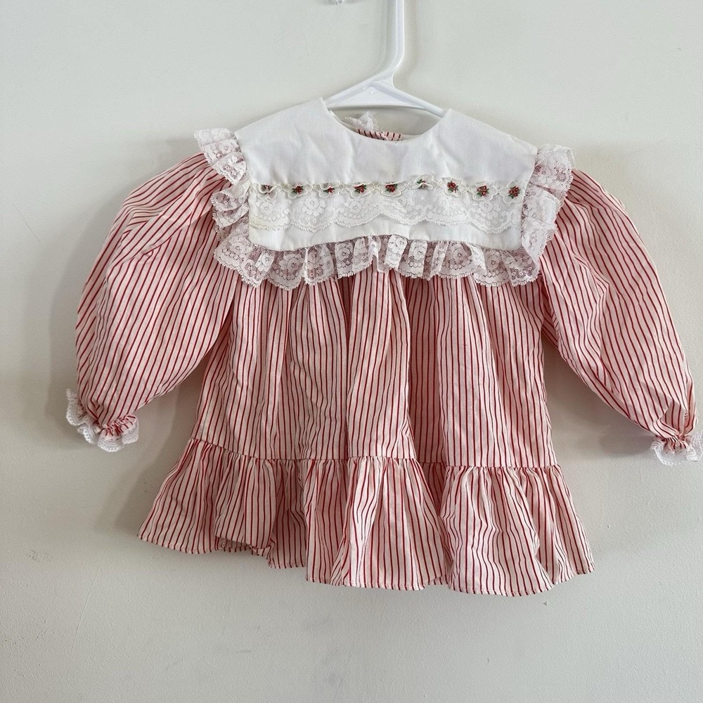 VTG Baby Girl Bryan Dress 12 Mos‎ Red White Stripe Ruffle Long Sleeve Christmas